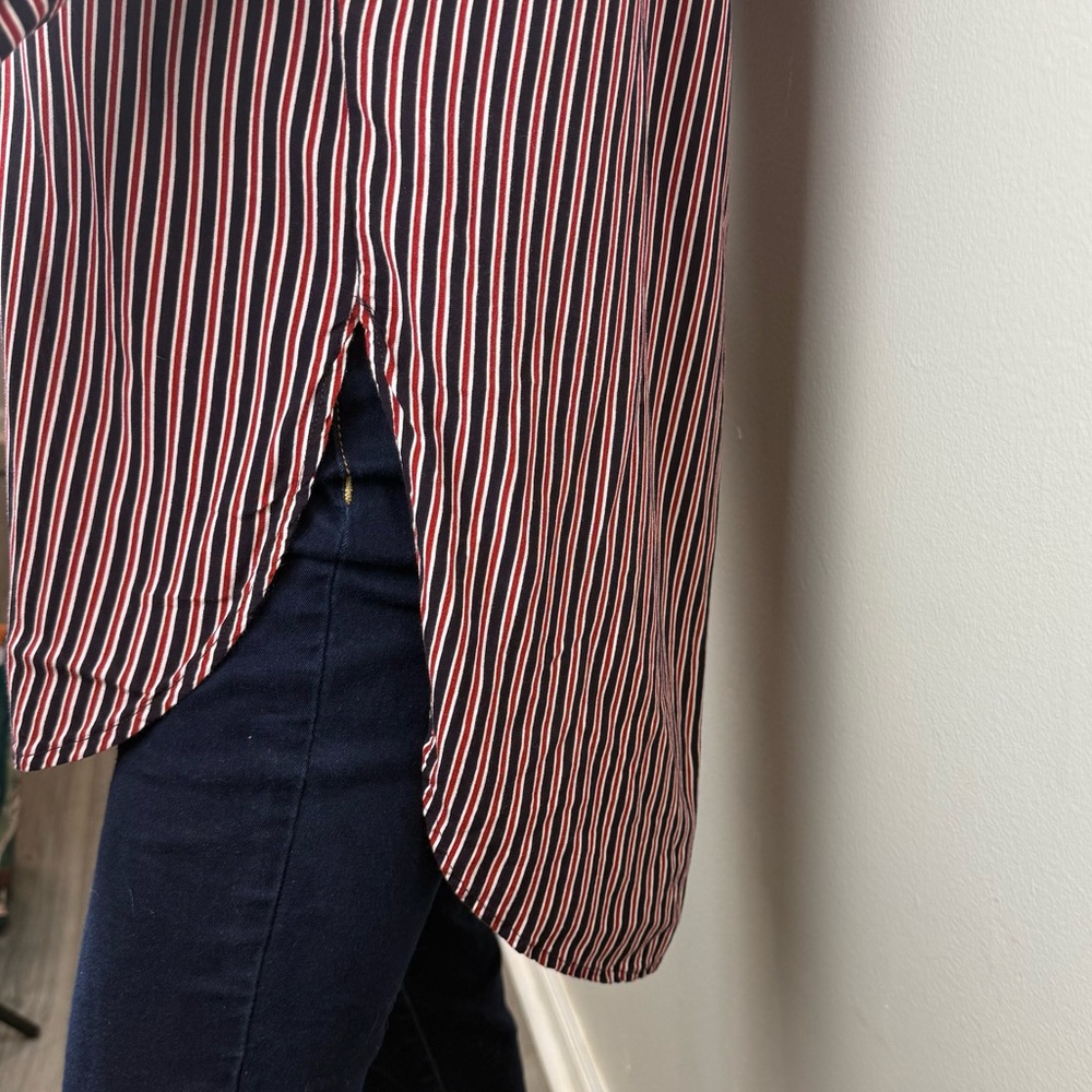 Maeve Anthropologie Adelaide Navy Red Striped Poplin Button Down Hi-Lo Sz Large - Picture 5 of 9